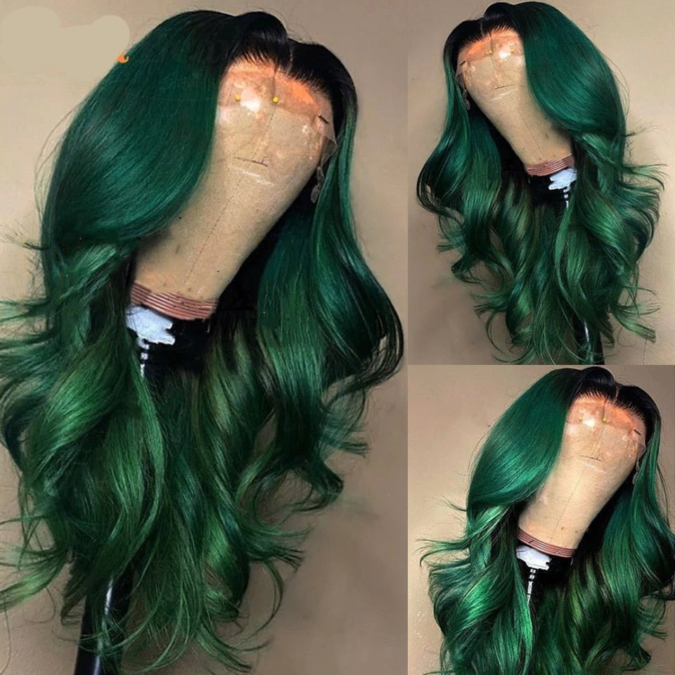 Dark Green Lace Front Wigs For Women Human Hair Pre Plucked Transparent Ombre Green Lace Frontal Wig with Roots Colored