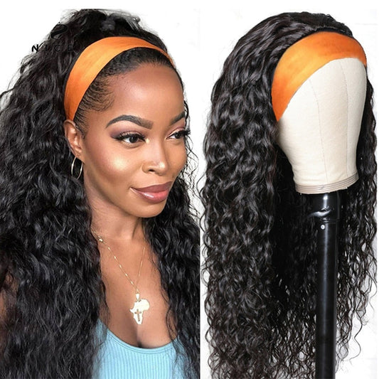 Headband Wig Human Hair Headband Scarf Wig Water Wave Human Hair Wigs for Women No Glue No Sew In