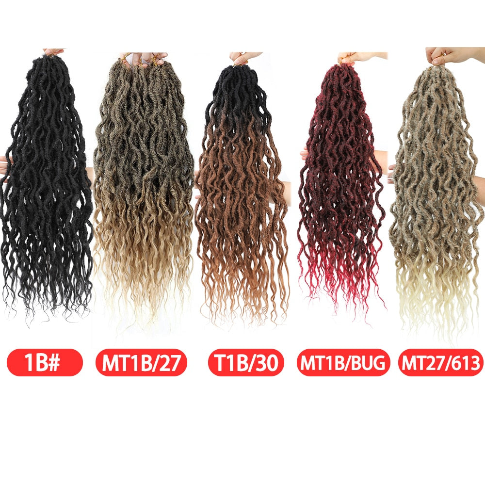Goddess Faux Locs With Curly End Synthetic Crochet Braids Hair Extensions For Women Ombre Brown Color Messy Dreadlocks