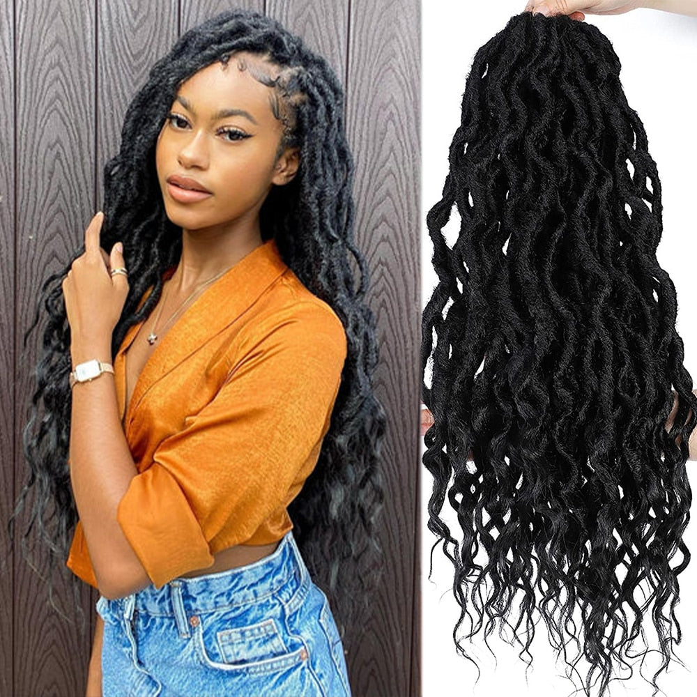 Goddess Faux Locs With Curly End Synthetic Crochet Braids Hair Extensions For Women Ombre Brown Color Messy Dreadlocks